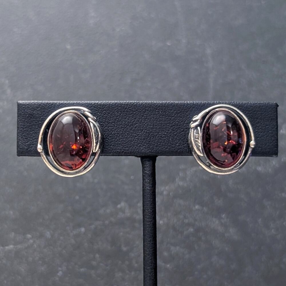 Vintage Clip On Earrings Stunning Amber and 925 Sterling Silver Leaf Design Halo
